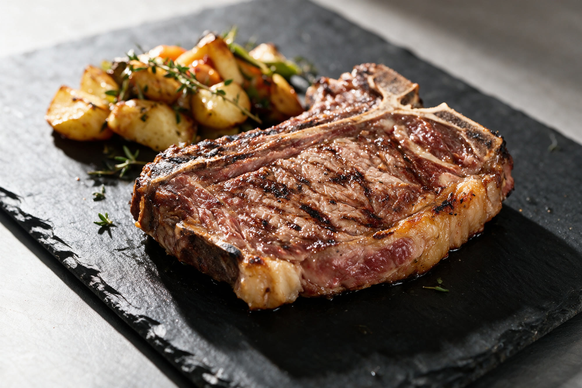 Carnes a la brasa con patatas asadas en plato de pizarra
