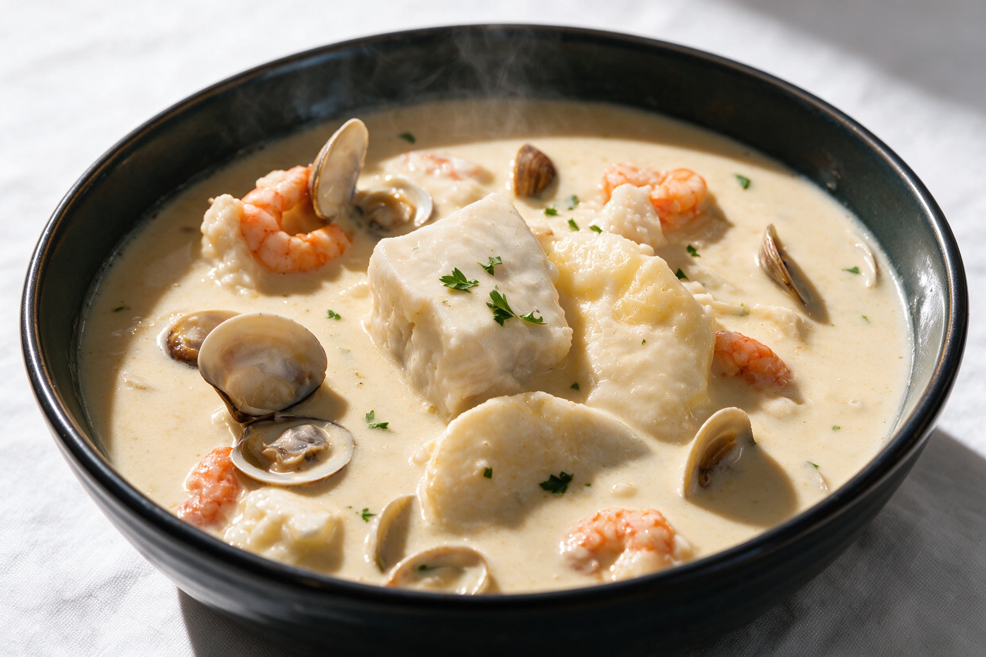 Gazpachuelo con gambas, almejas y pescado en cuenco oscuro