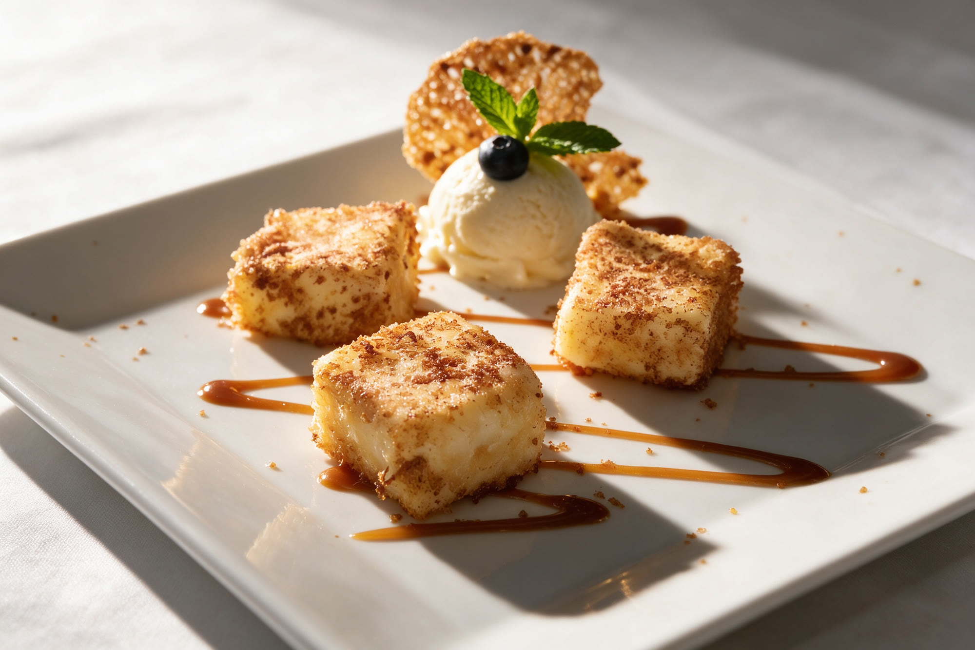 Leche frita con salsa de caramelo y helado en plato blanco