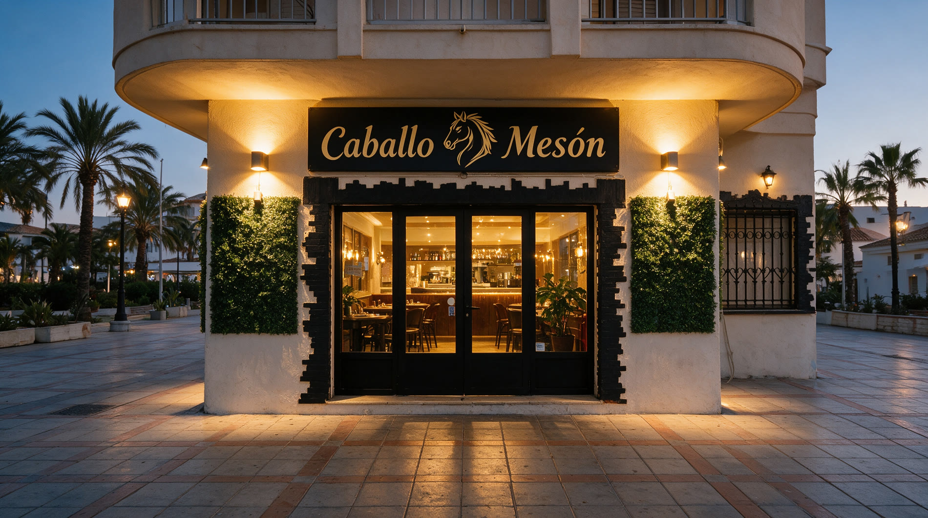 Fachada de Mesón El Caballo en Fuengirola con letrero negro y logo de caballo dorado